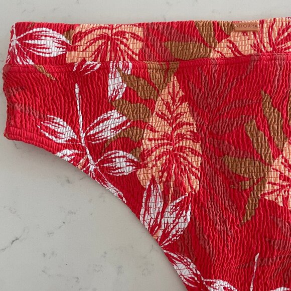 Roxy Tropical Palm Print Hi Waist Smocked Bikini Bottoms Red Wht Sz Au L US S-M - Picture 5 of 11